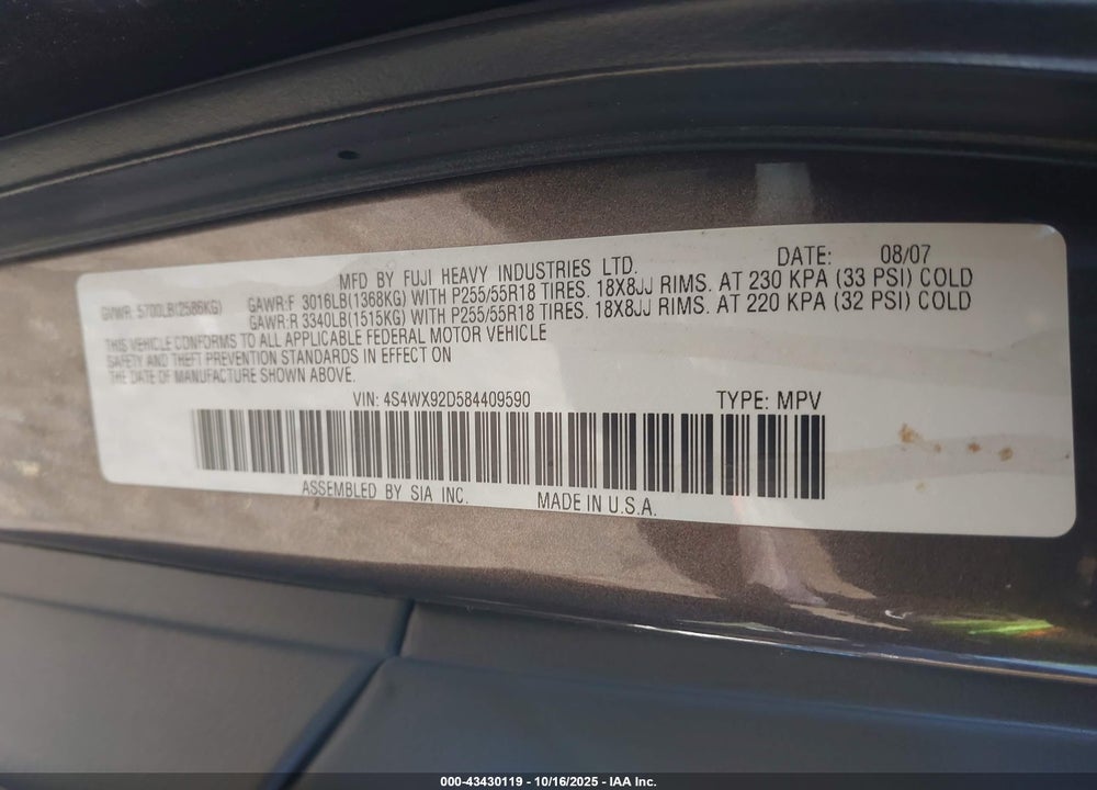 2008 SUBARU TRIBECA LIMITED 5-PASSENGER VIN: 4S4WX92D584409590