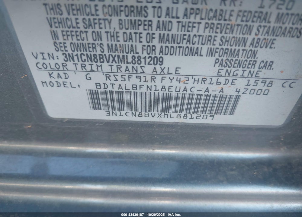 2021 NISSAN VERSA S 5-SPEED MANUAL TRANSMISSION VIN: 3N1CN8BVXML881209