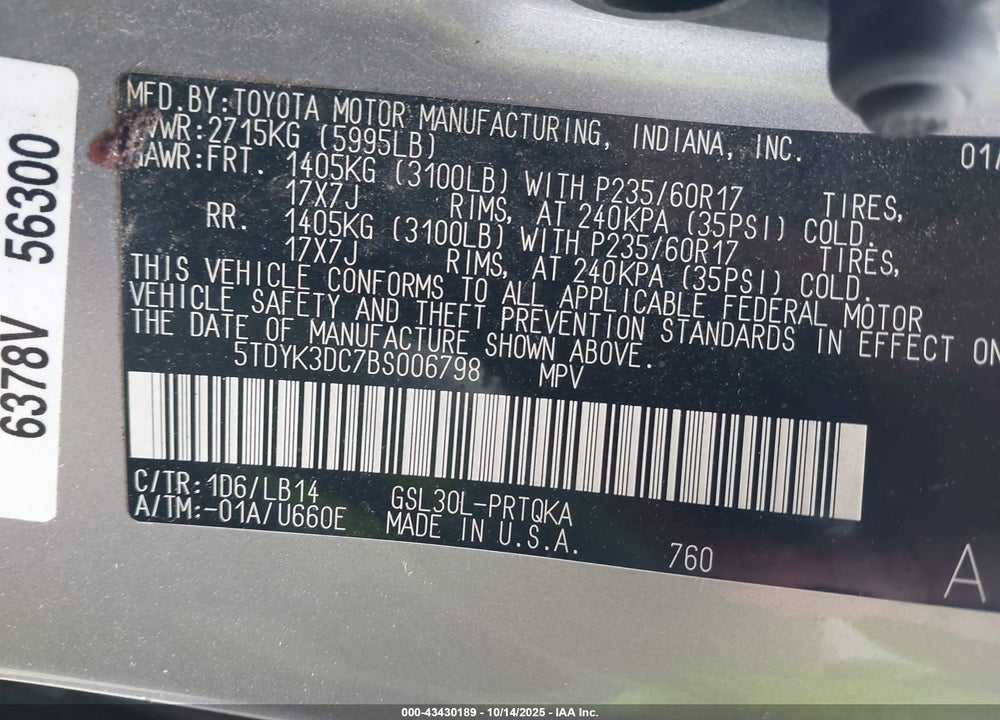 2011 TOYOTA SIENNA XLE V6 VIN: 5TDYK3DC7BS006798