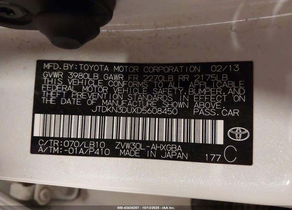 2013 TOYOTA PRIUS VIN: JTDKN3DUXD5608450