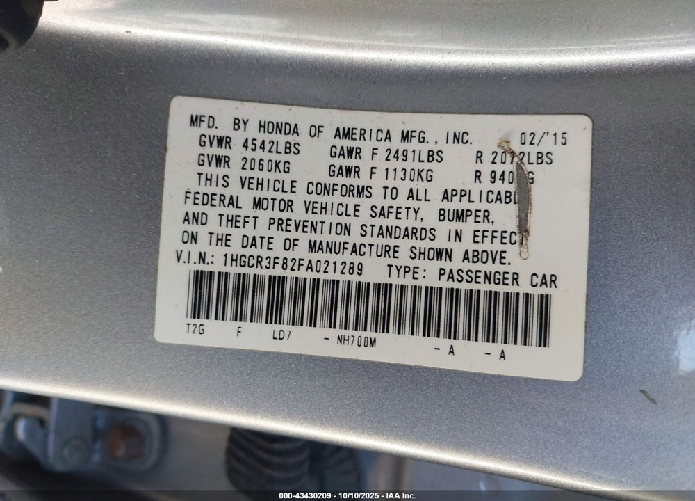 2015 HONDA ACCORD EX-L V-6 VIN: 1HGCR3F82FA021289