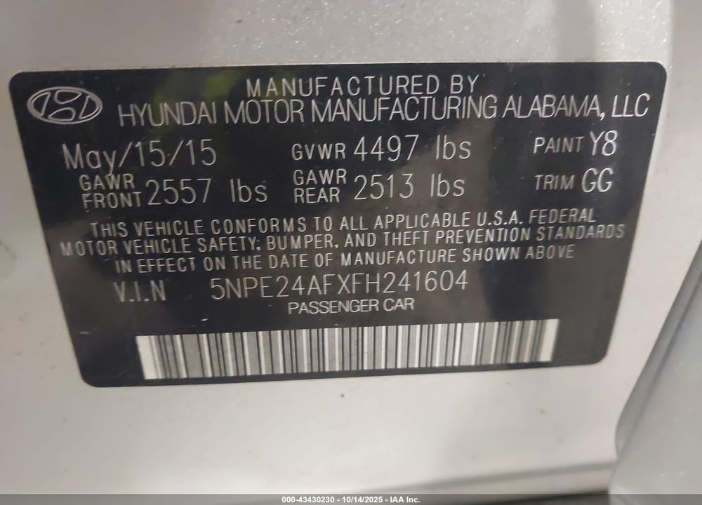2015 HYUNDAI SONATA SE VIN: 5NPE24AFXFH241604