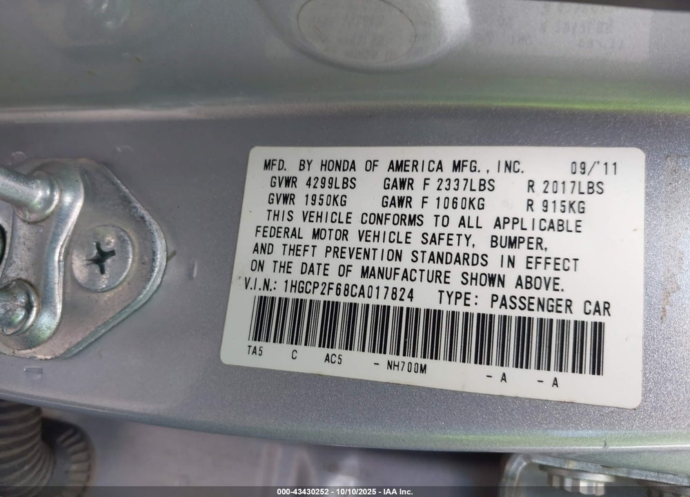 2012 HONDA ACCORD 2.4 SE VIN: 1HGCP2F68CA017824