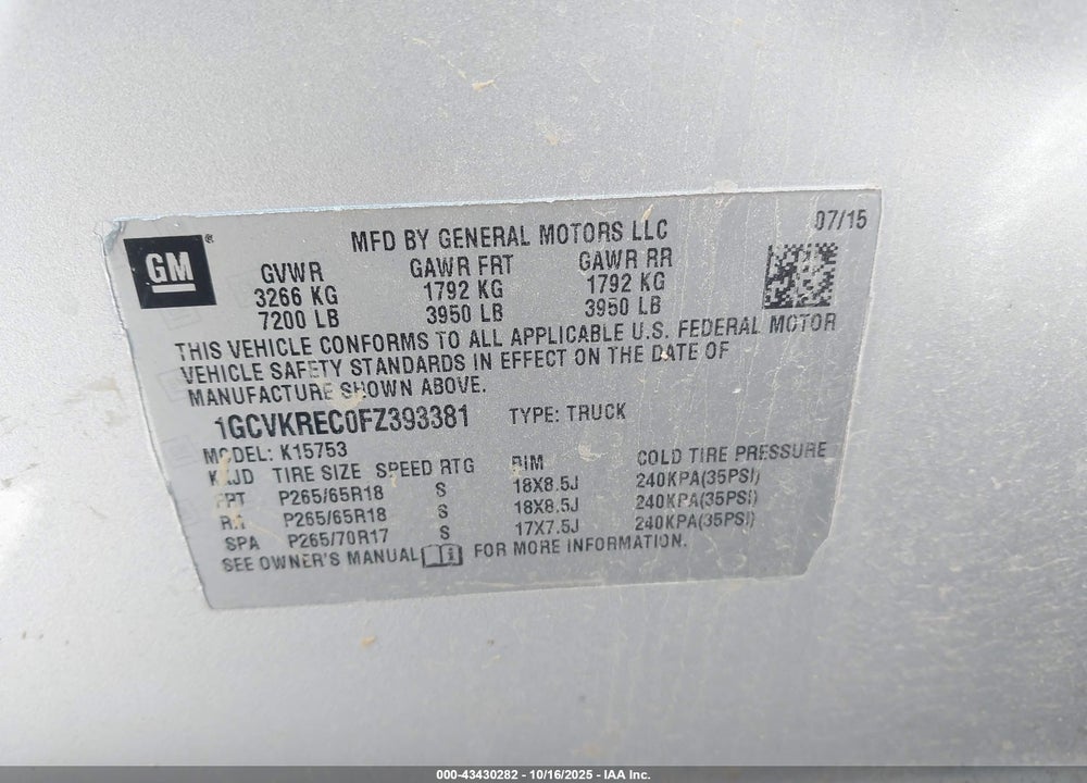 2015 CHEVROLET SILVERADO 1500 VIN: 1GCVKREC0FZ393381