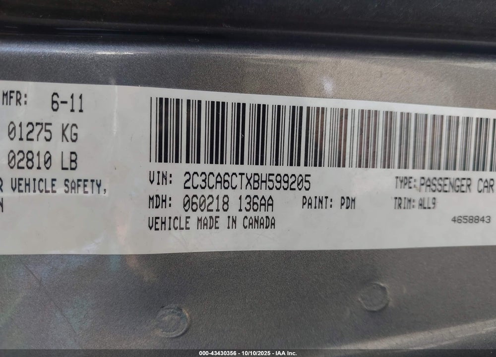 2011 CHRYSLER 300 VIN: 2C3CA6CTXBH599205