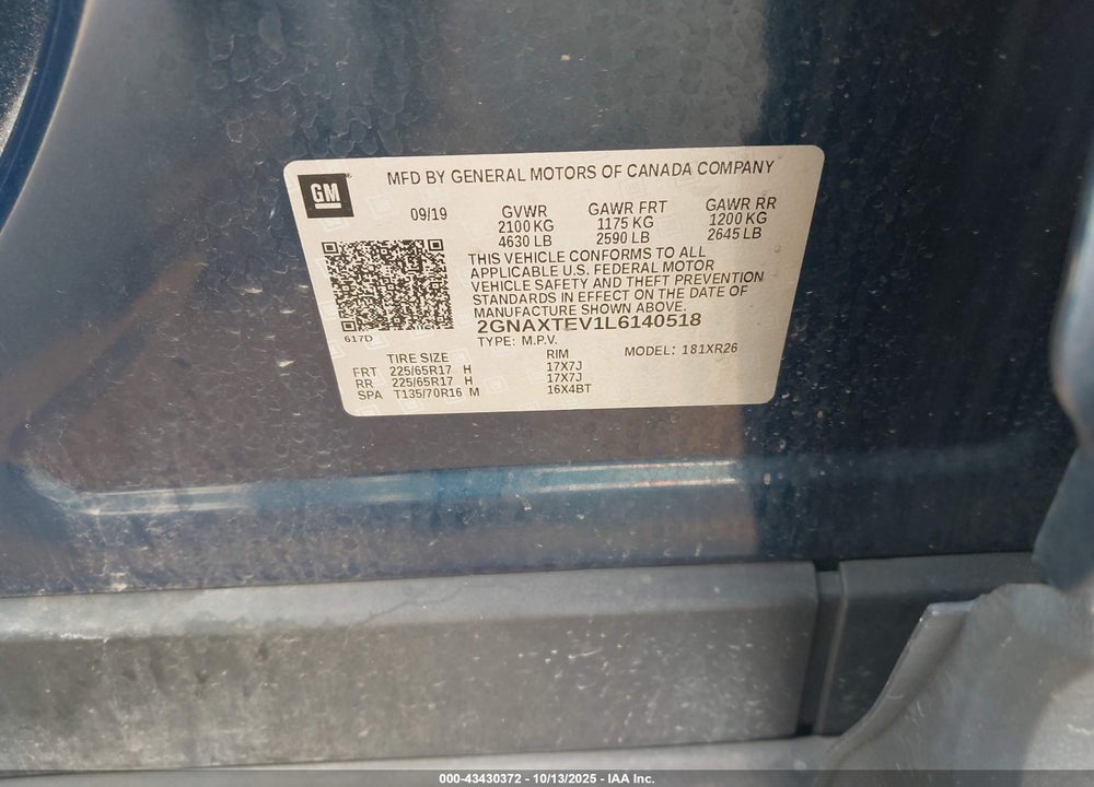 2020 CHEVROLET EQUINOX AWD 2FL VIN: 2GNAXTEV1L6140518