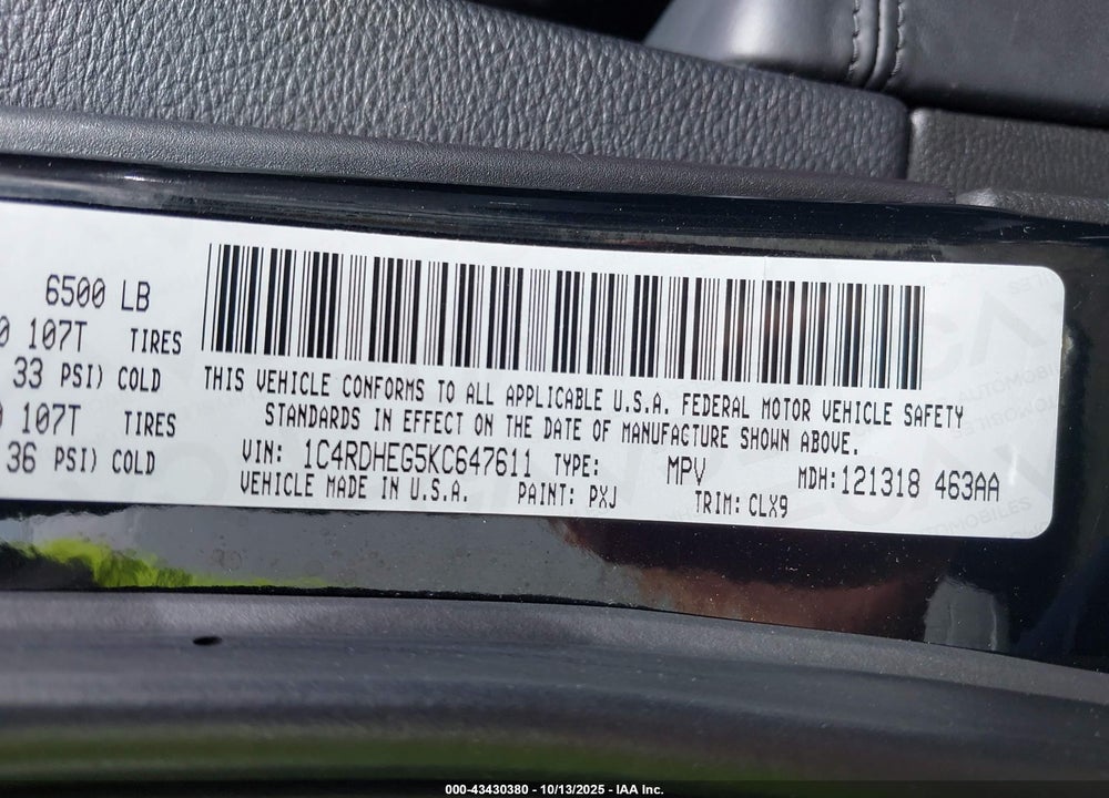 2019 DODGE DURANGO CITADEL RWD VIN: 1C4RDHEG5KC647611