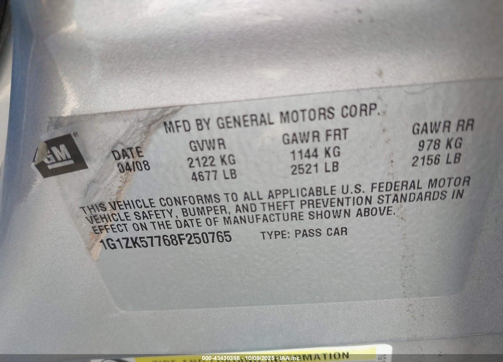 2008 CHEVROLET MALIBU LTZ VIN: 1G1ZK57768F250765