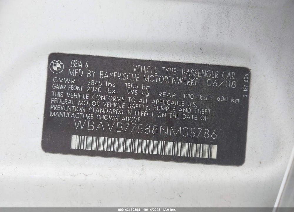 2008 BMW 3 SERIES VIN: WBAVB77588NM05786