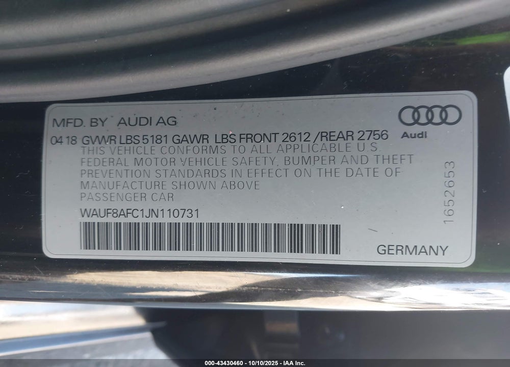 2018 AUDI A6 2.0T PREMIUM/2.0T SPORT VIN: WAUF8AFC1JN110731