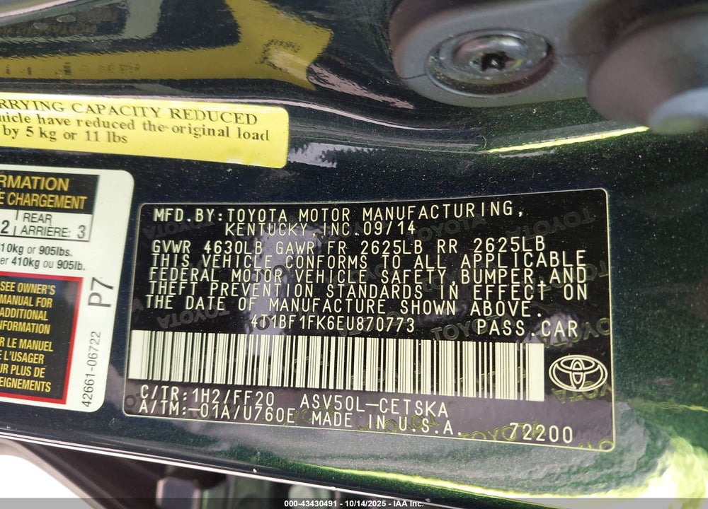 2014 TOYOTA CAMRY SE VIN: 4T1BF1FK6EU870773