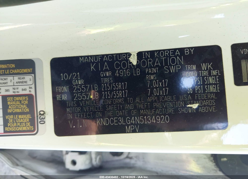 2022 KIA NIRO EV EX PREMIUM VIN: KNDCE3LG4N5134920