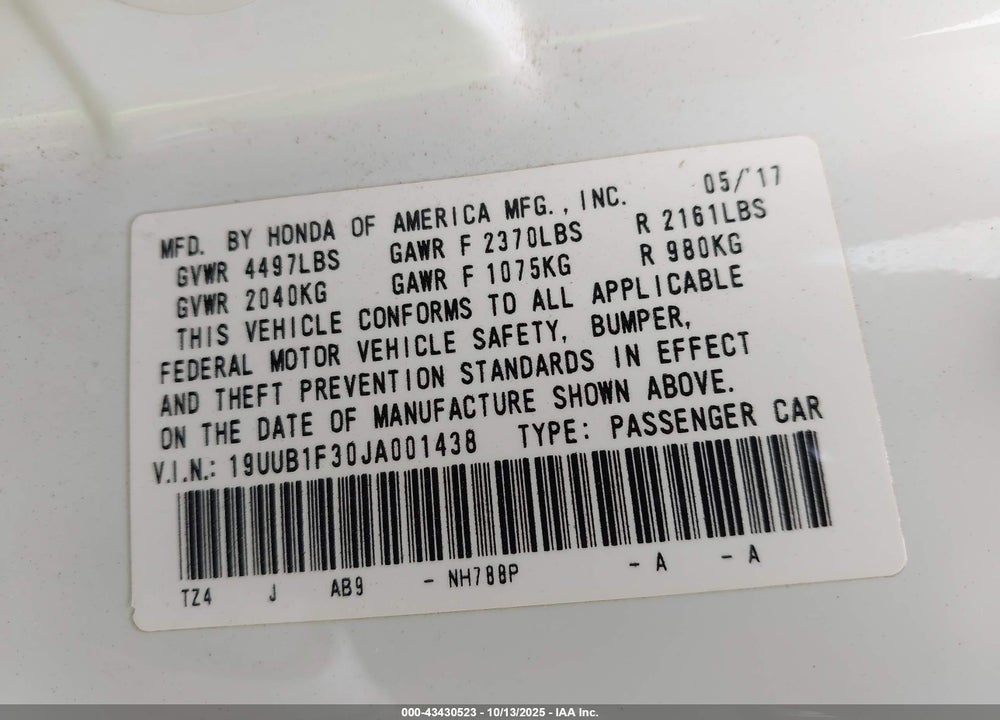 2018 ACURA TLX VIN: 19UUB1F30JA001438