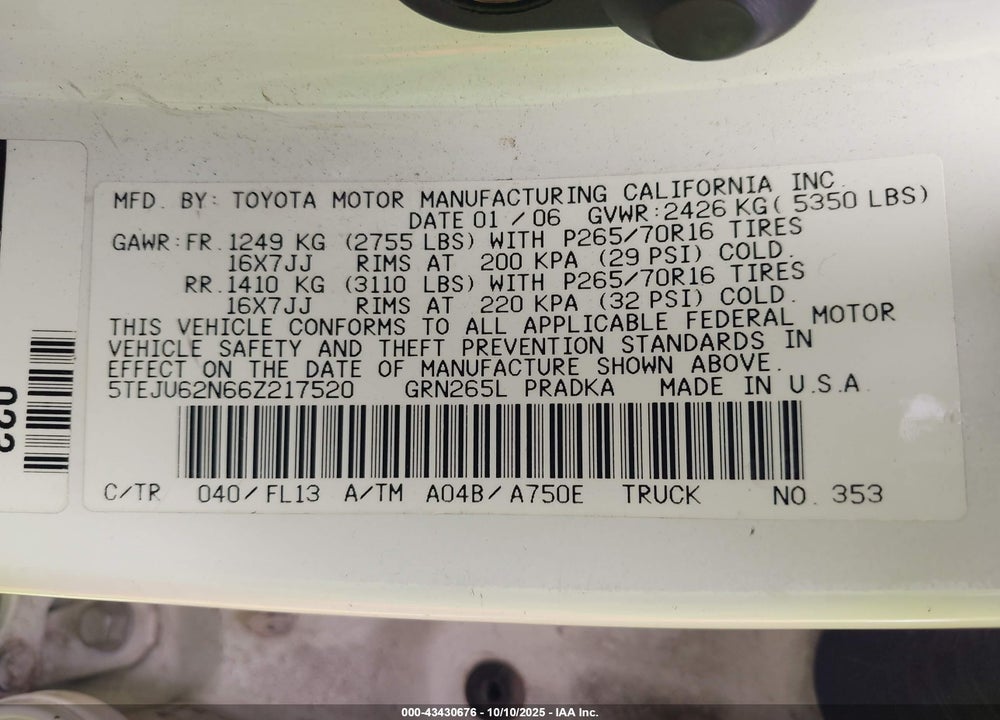 2006 TOYOTA TACOMA PRERUNNER V6 VIN: 5TEJU62N66Z217520
