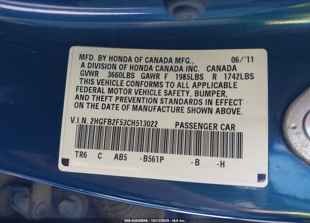 2012 HONDA CIVIC VIN: 2HGFB2F53CH513022