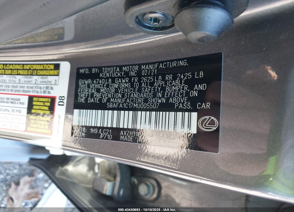 2021 LEXUS ES 300H ULTRA LUXURY VIN: 58AFA1C17MU005507