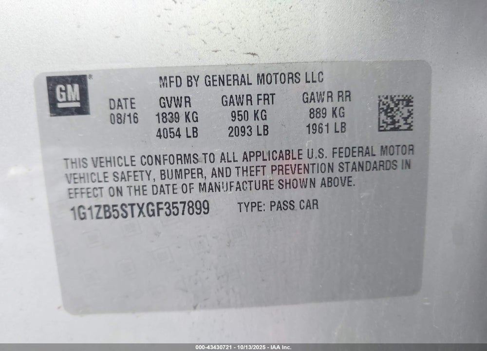 2016 CHEVROLET MALIBU LS VIN: 1G1ZB5STXGF357899