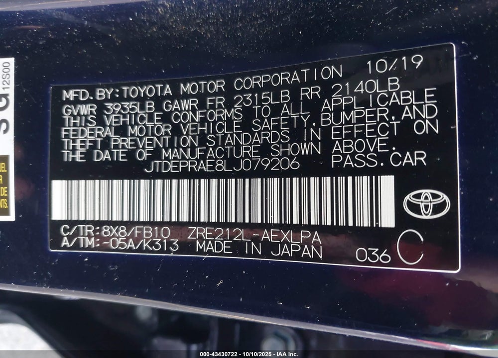 2020 TOYOTA COROLLA LE VIN: JTDEPRAE8LJ079206