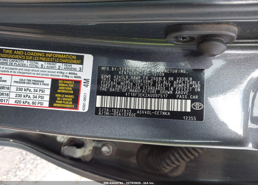 2010 TOYOTA CAMRY VIN: 4T1BF3EK2AU097517