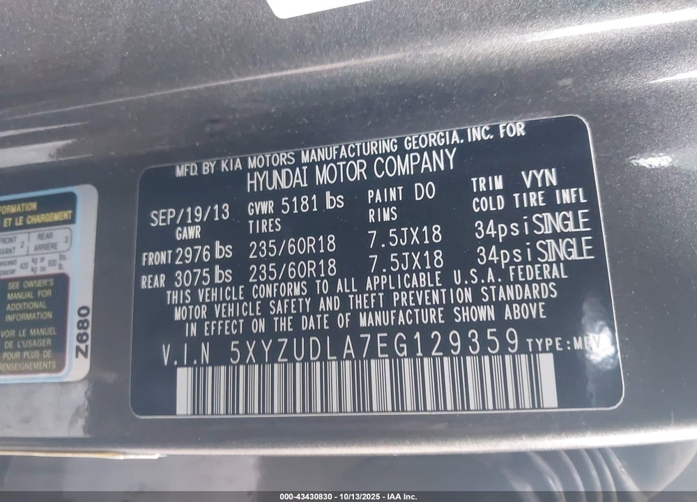 2014 HYUNDAI SANTA FE SPORT 2.0L TURBO VIN: 5XYZUDLA7EG129359