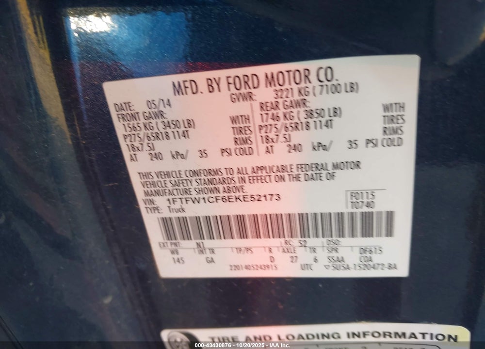 2014 FORD F-150 VIN: 1FTFW1CF6EKE52173