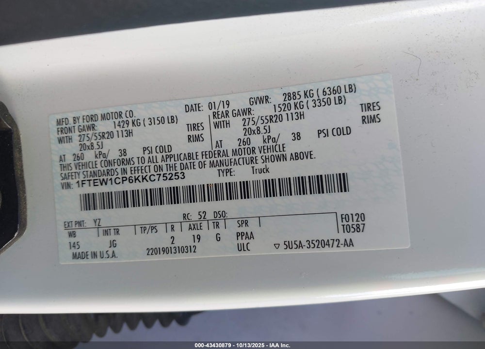 2019 FORD F-150 XL VIN: 1FTEW1CP6KKC75253