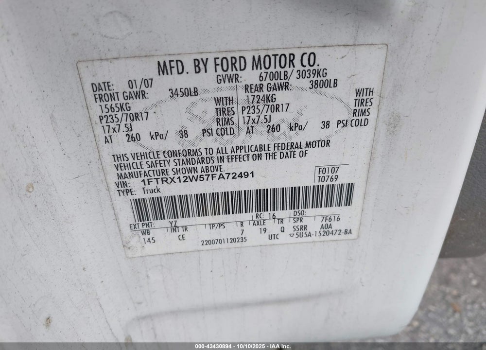 2007 FORD F-150 STX/XL/XLT VIN: 1FTRX12W57FA72491