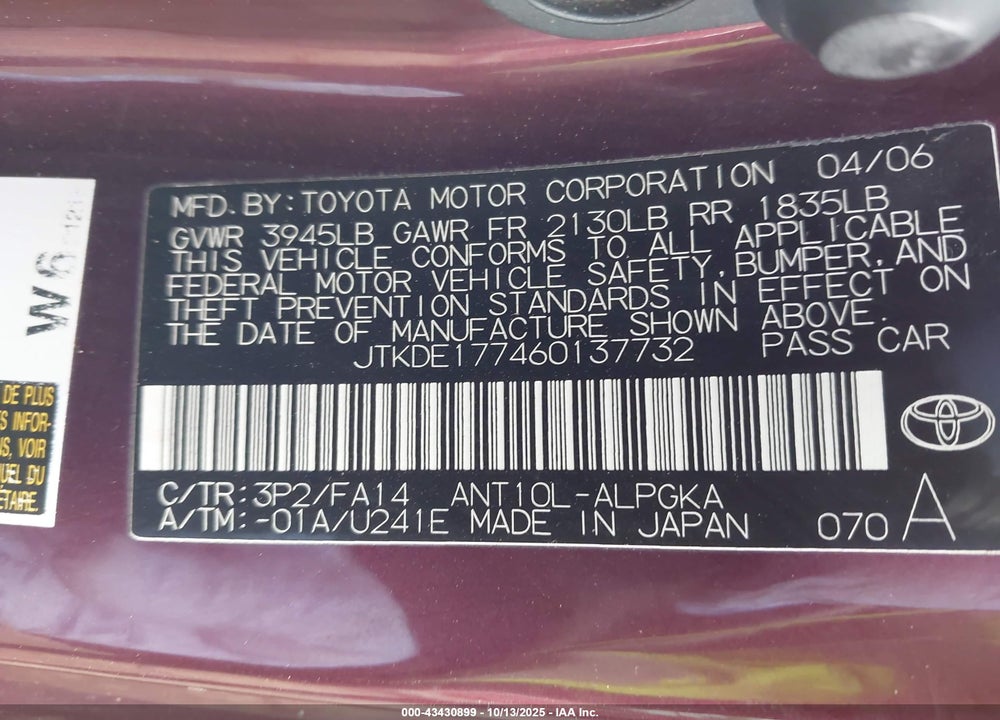 2006 SCION TC VIN: JTKDE177460137732
