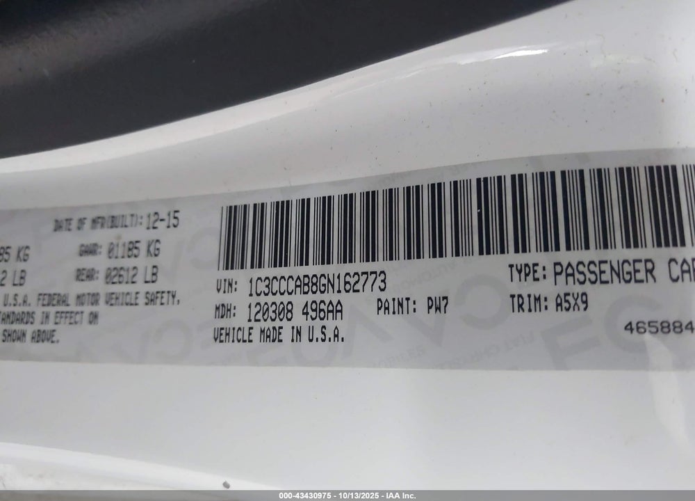 2016 CHRYSLER 200 LIMITED VIN: 1C3CCCAB8GN162773