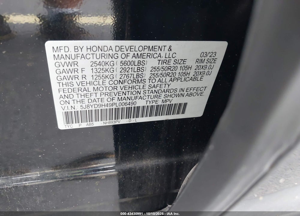 2023 ACURA MDX TECHNOLOGY PACKAGE VIN: 5J8YD9H49PL006490