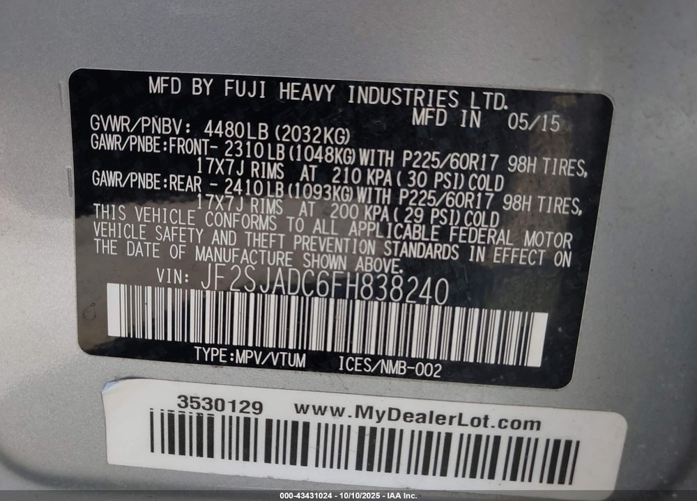 2015 SUBARU FORESTER 2.5I PREMIUM VIN: JF2SJADC6FH838240