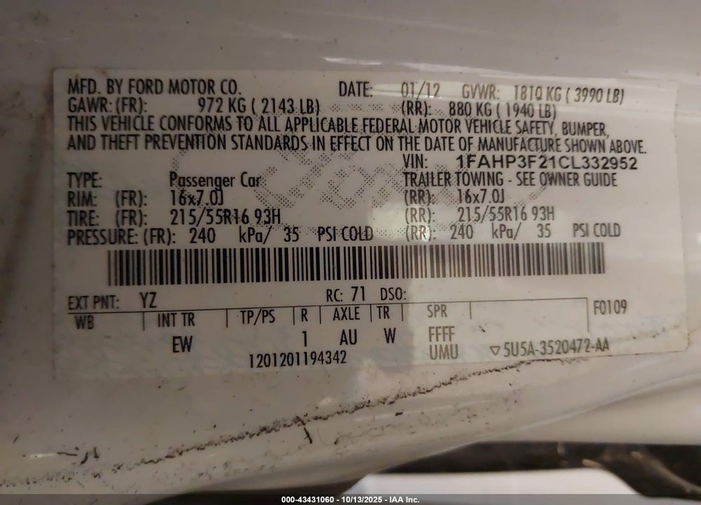 2012 FORD FOCUS VIN: 1FAHP3F21CL332952