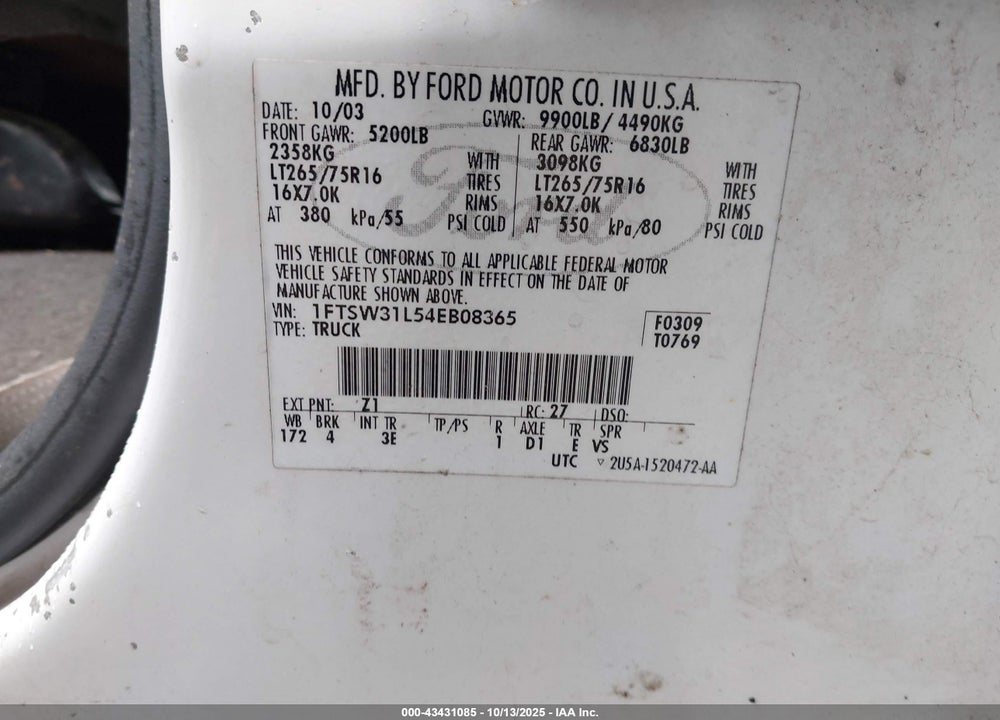2004 FORD F 350 VIN: 1FTSW31L54EB08365