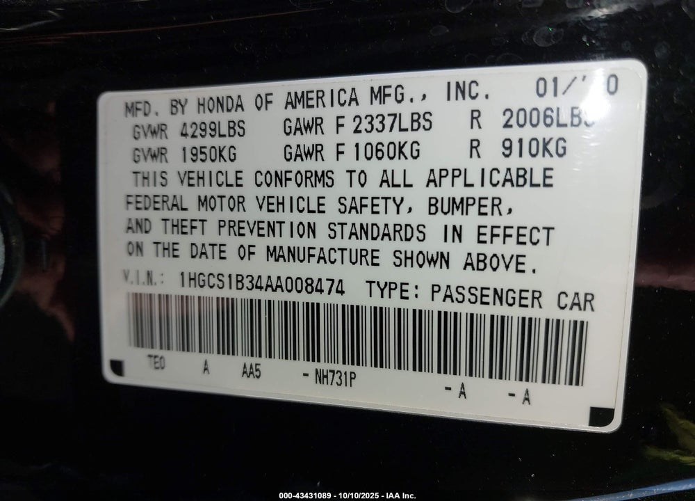 2010 HONDA ACCORD VIN: 1HGCS1B34AA008474