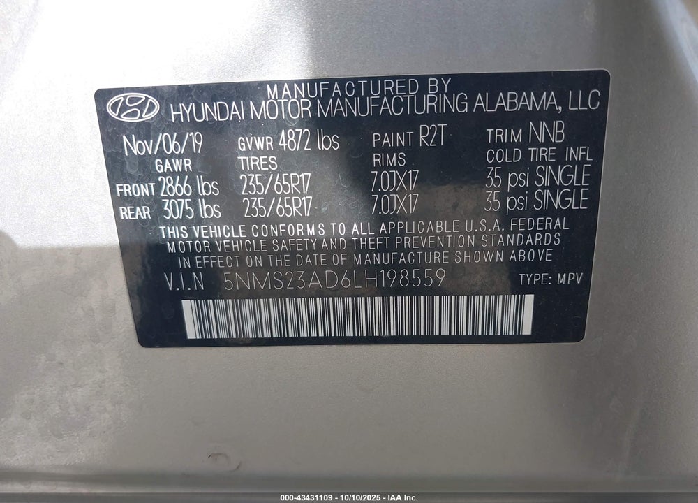 2020 HYUNDAI SANTA FE VIN: 5NMS23AD6LH198559