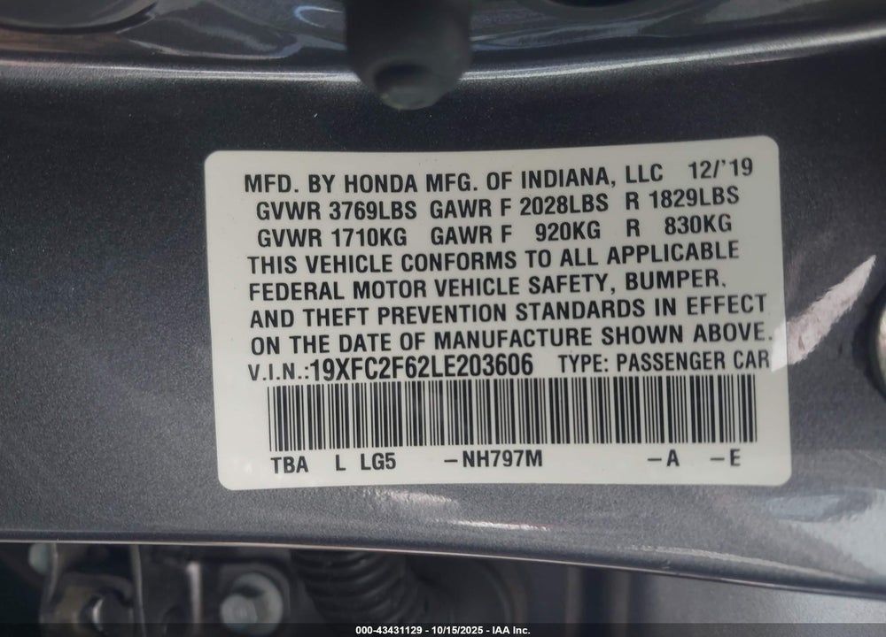 2020 HONDA CIVIC LX VIN: 19XFC2F62LE203606