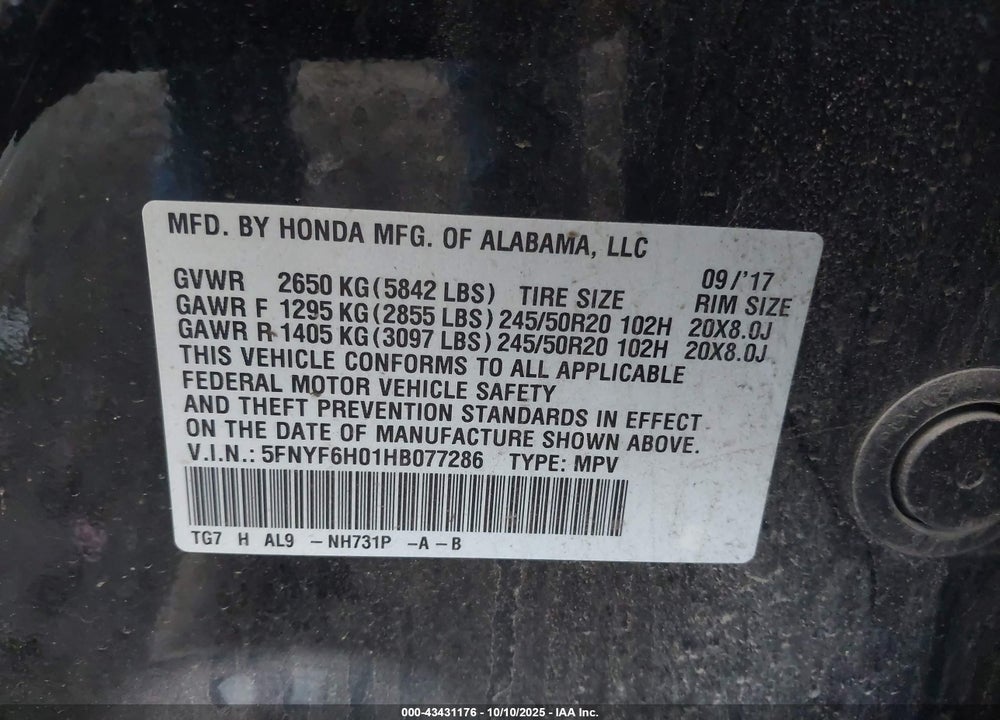 2017 HONDA PILOT ELITE VIN: 5FNYF6H01HB077286