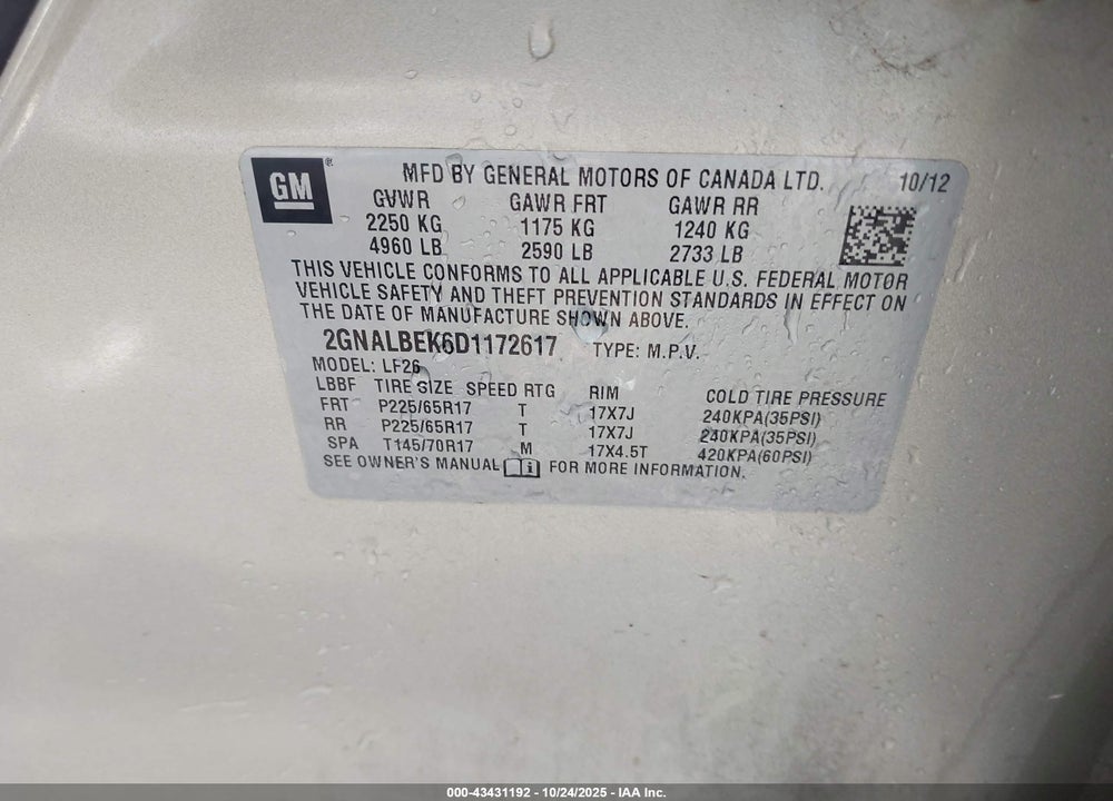2013 CHEVROLET EQUINOX VIN: 2GNALBEK6D1172617