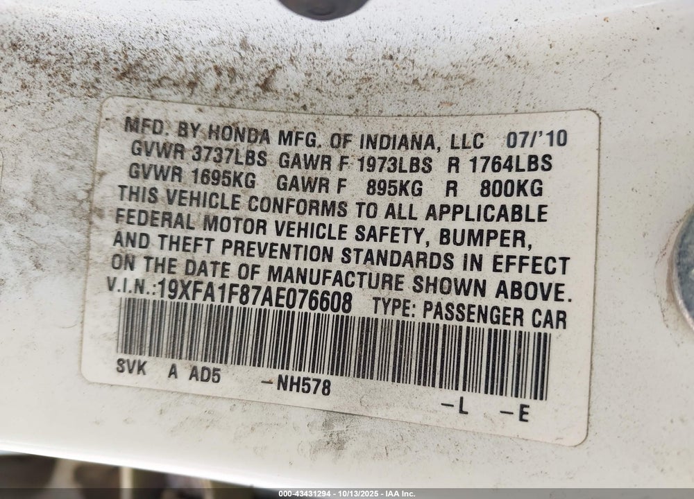 2010 HONDA CIVIC VIN: 19XFA1F87AE076608