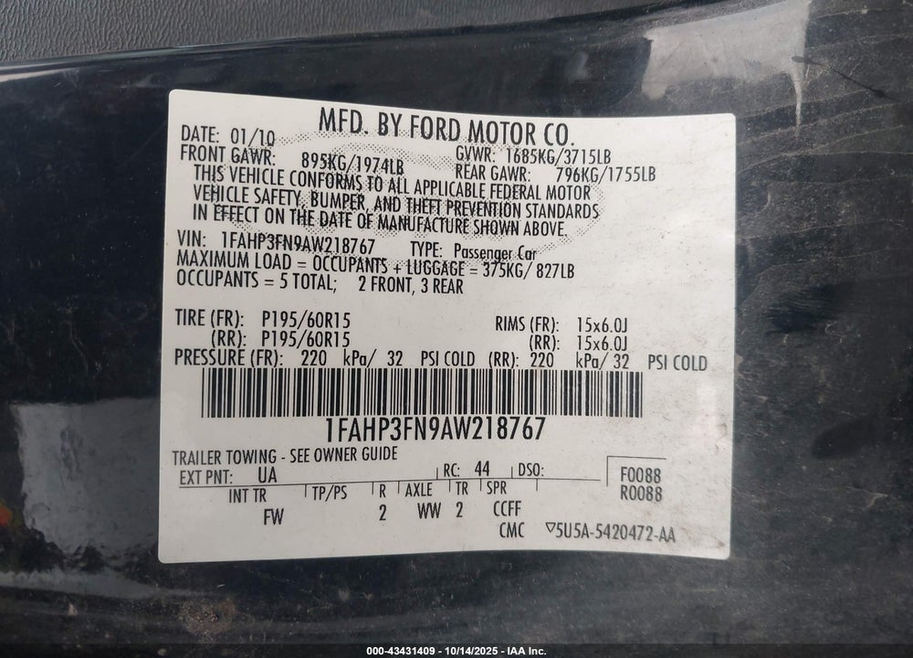 2010 FORD FOCUS VIN: 1FAHP3FN9AW218767