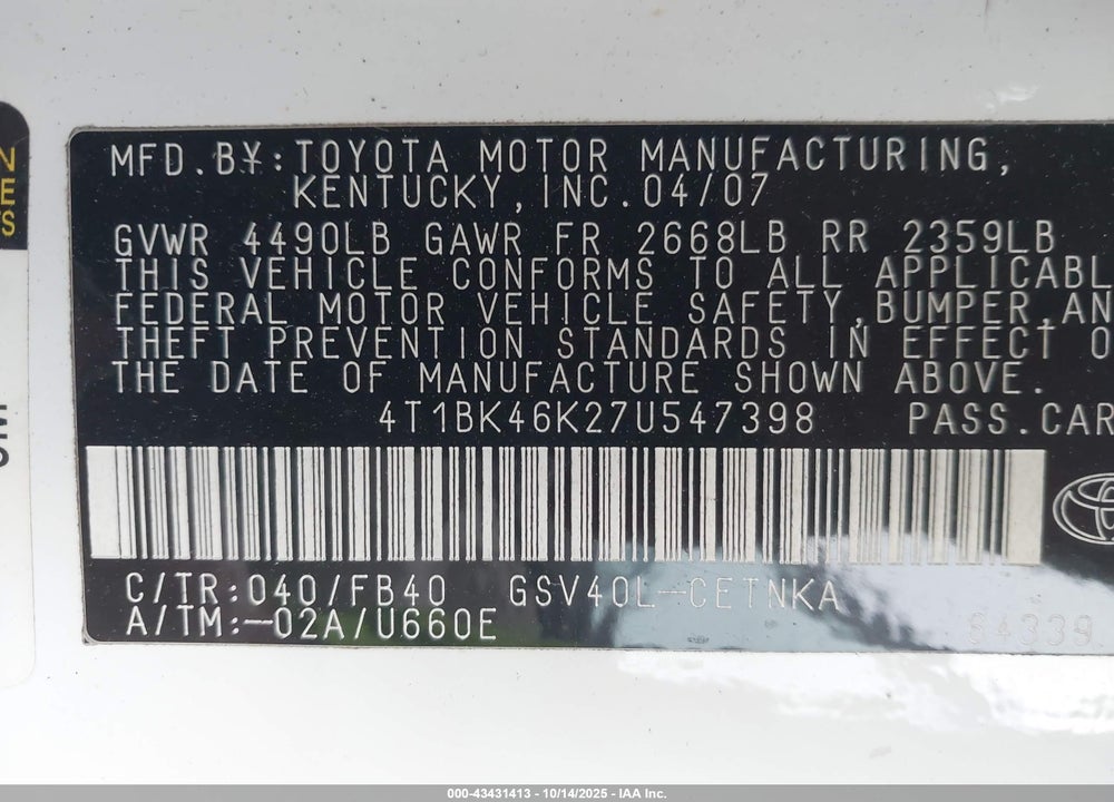 2007 TOYOTA CAMRY VIN: 4T1BK46K27U547398