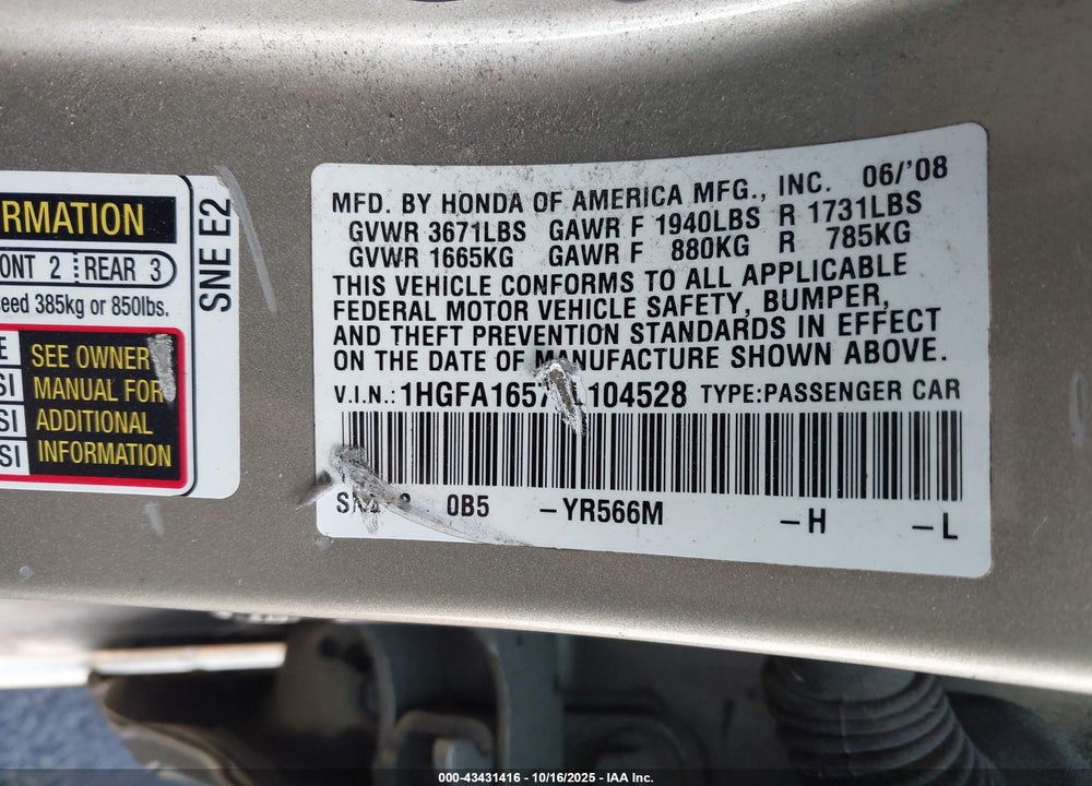 2008 HONDA CIVIC LX VIN: 1HGFA16578L104528