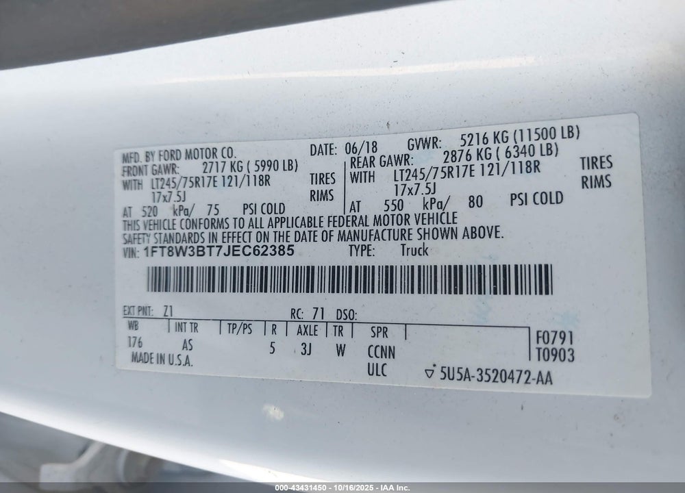 2018 FORD F-350 XL VIN: 1FT8W3BT7JEC62385
