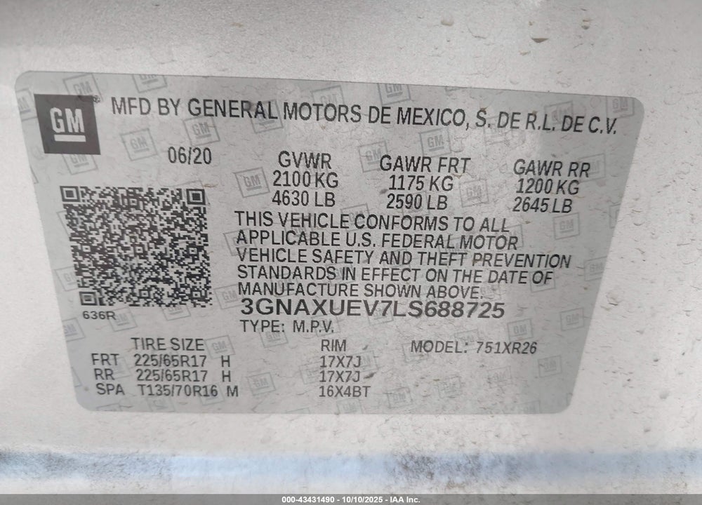 2020 CHEVROLET EQUINOX AWD LT 1.5L TURBO VIN: 3GNAXUEV7LS688725