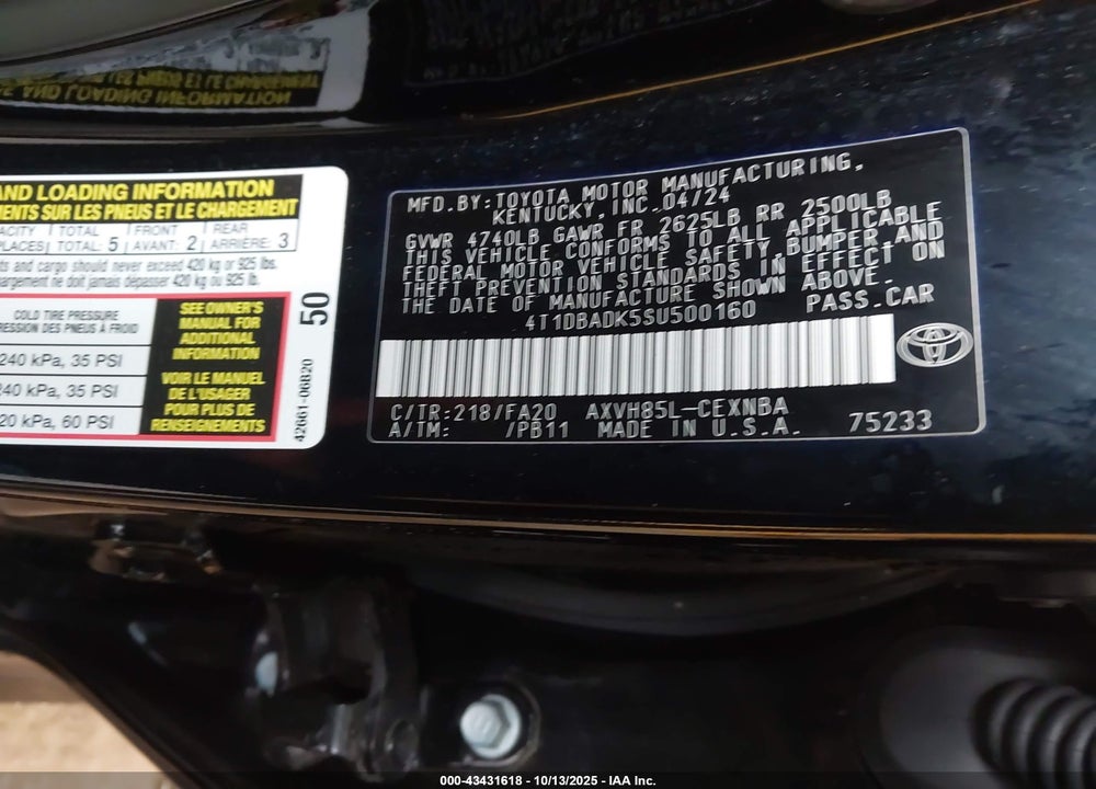 2025 TOYOTA CAMRY VIN: 4T1DBADK5SU500160