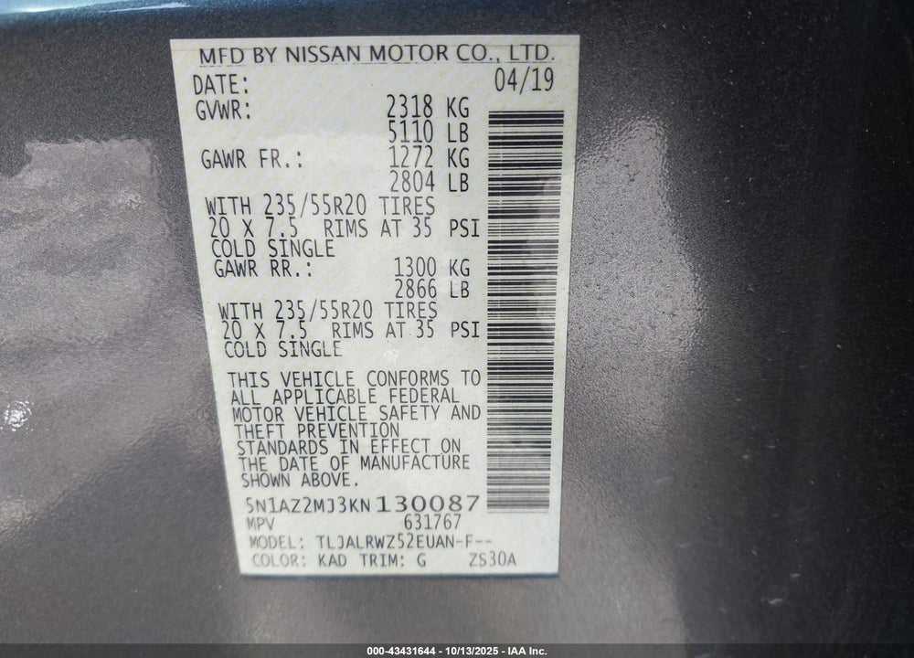 2019 NISSAN MURANO VIN: 5N1AZ2MJ3KN130087