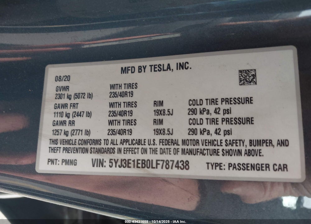 2020 TESLA MODEL 3 LONG RANGE DUAL MOTOR ALL-WHEEL DRIVE VIN: 5YJ3E1EB0LF787438
