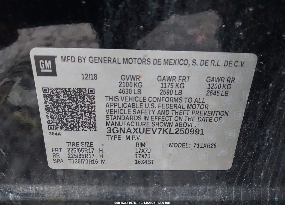 2019 CHEVROLET EQUINOX LT VIN: 3GNAXUEV7KL250991