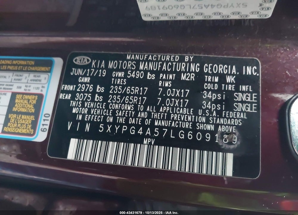 2020 KIA SORENTO VIN: 5XYPG4A57LG609189