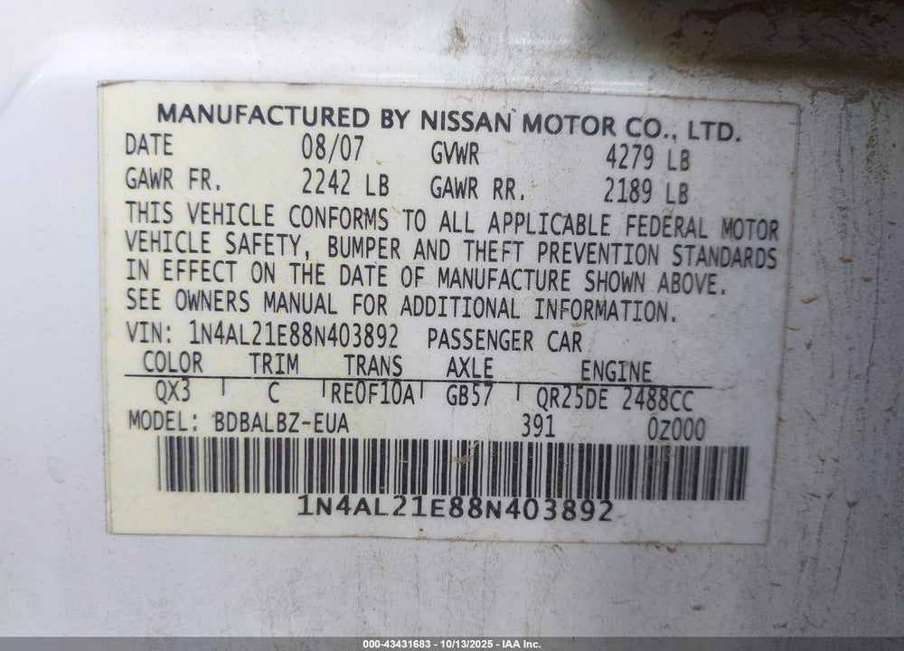 2008 NISSAN ALTIMA 2.5 S VIN: 1N4AL21E88N403892